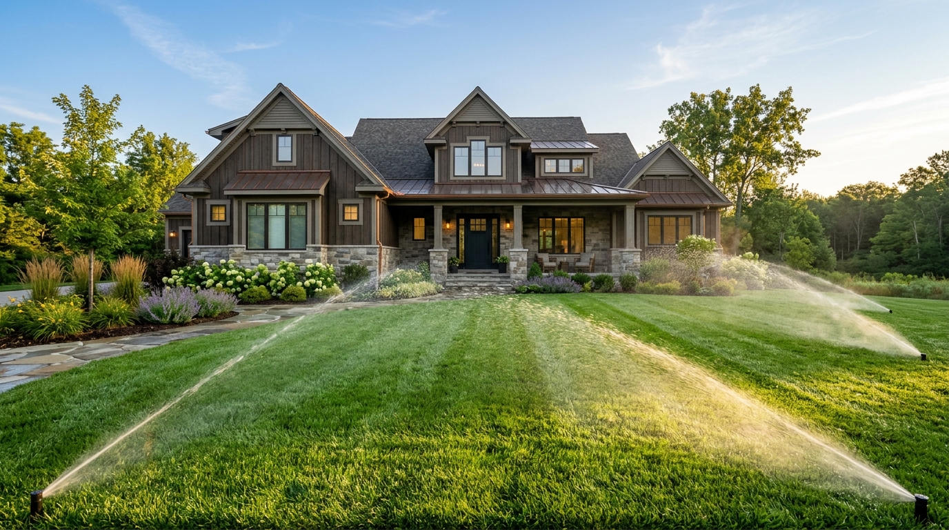 Luxurious green lawn watered by professional pop-up sprinklers in Grand Rapids