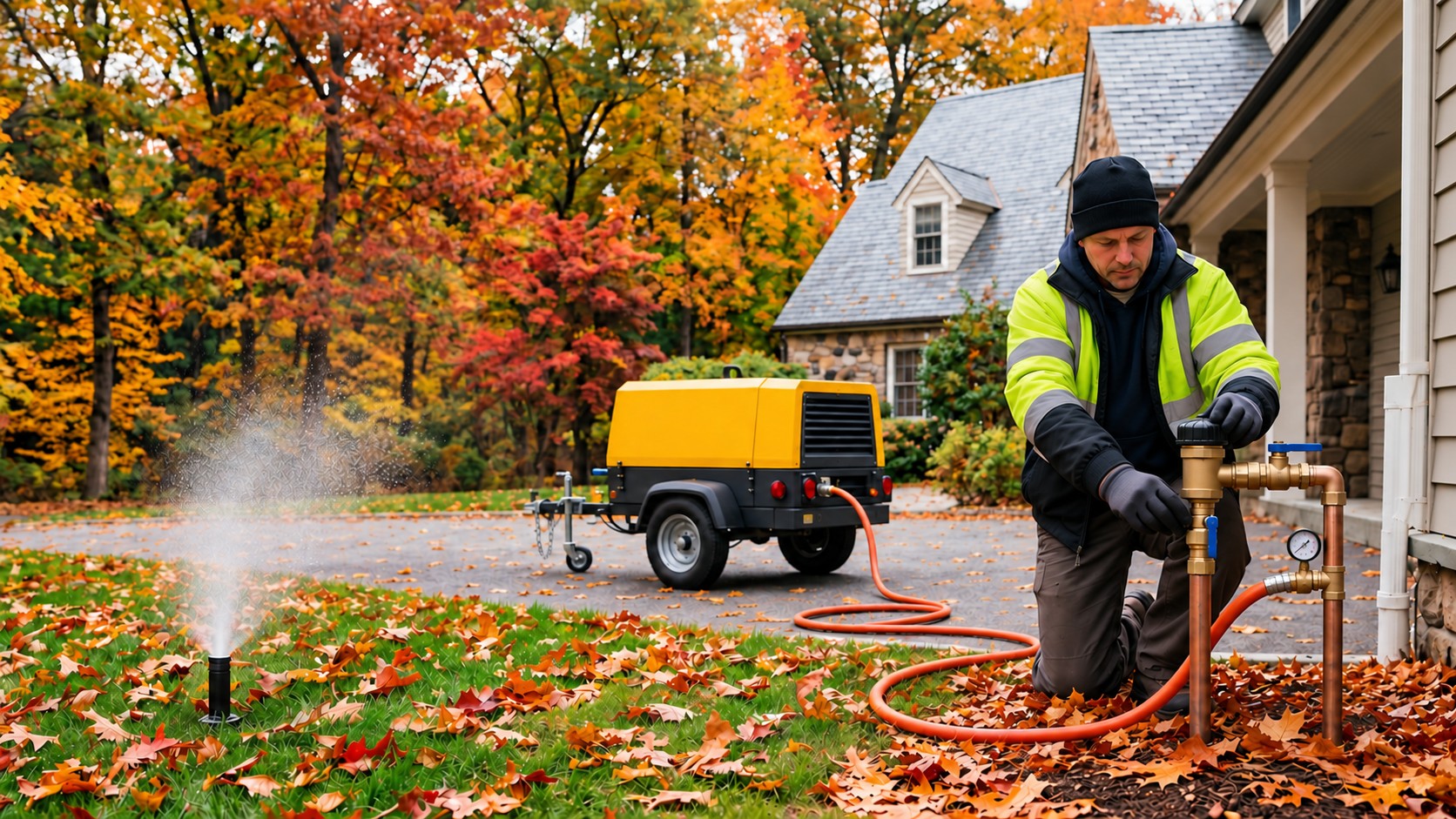 Commercial air compressor blowing out residential sprinkler system